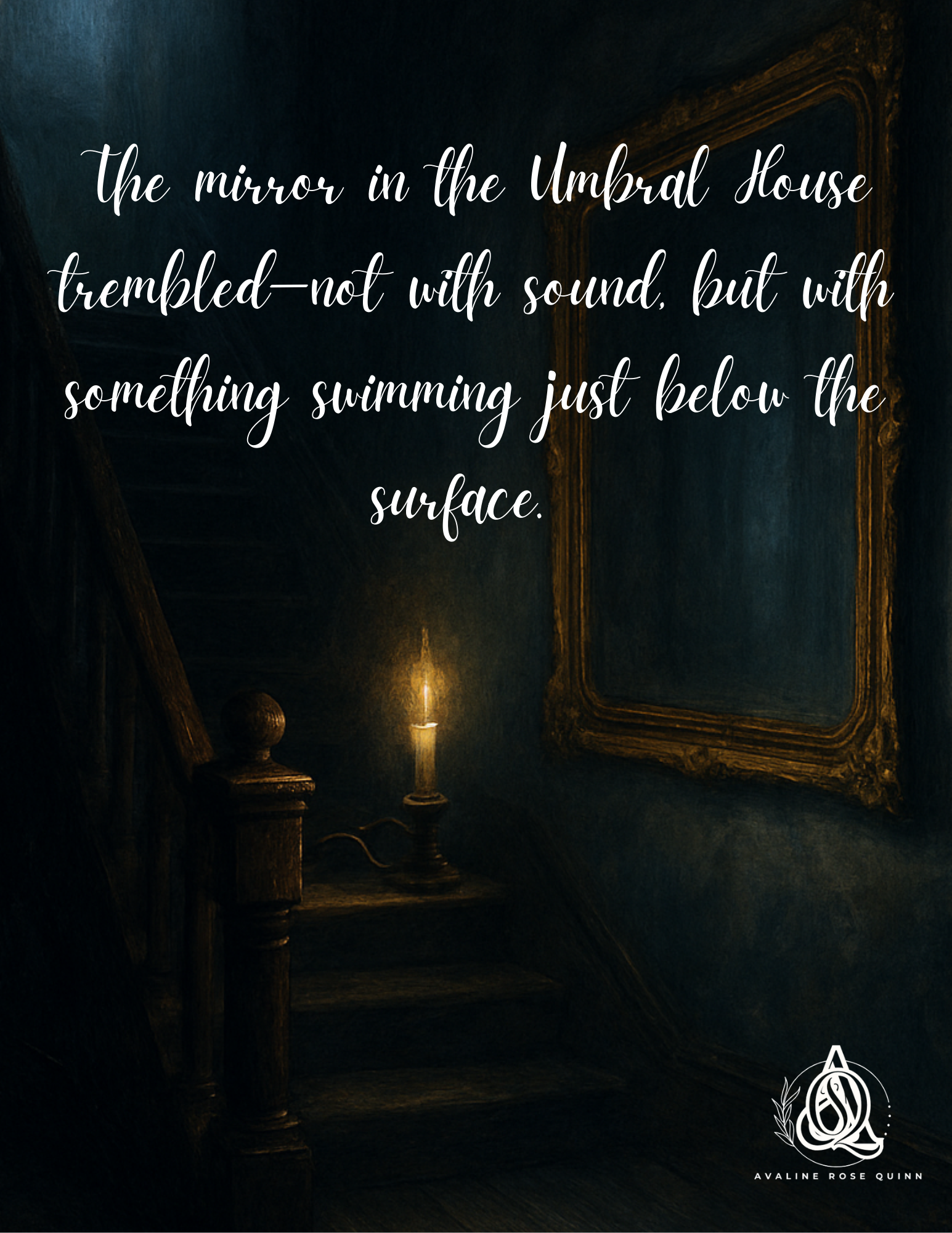 A gothic horror illustration of a candlelit staircase with a large mirror glowing faintly in the shadows, symbolizing the haunting presence in Avaline Rose Quinn’s The Veil-Taker at the Umbral House.