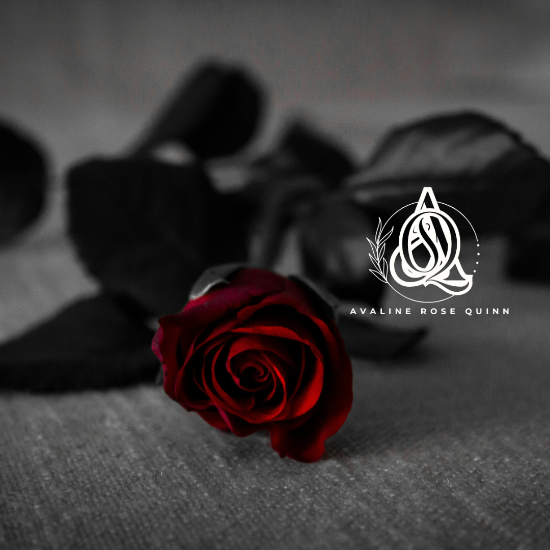 Avaline Rose Quinn monogram beside a crimson rose