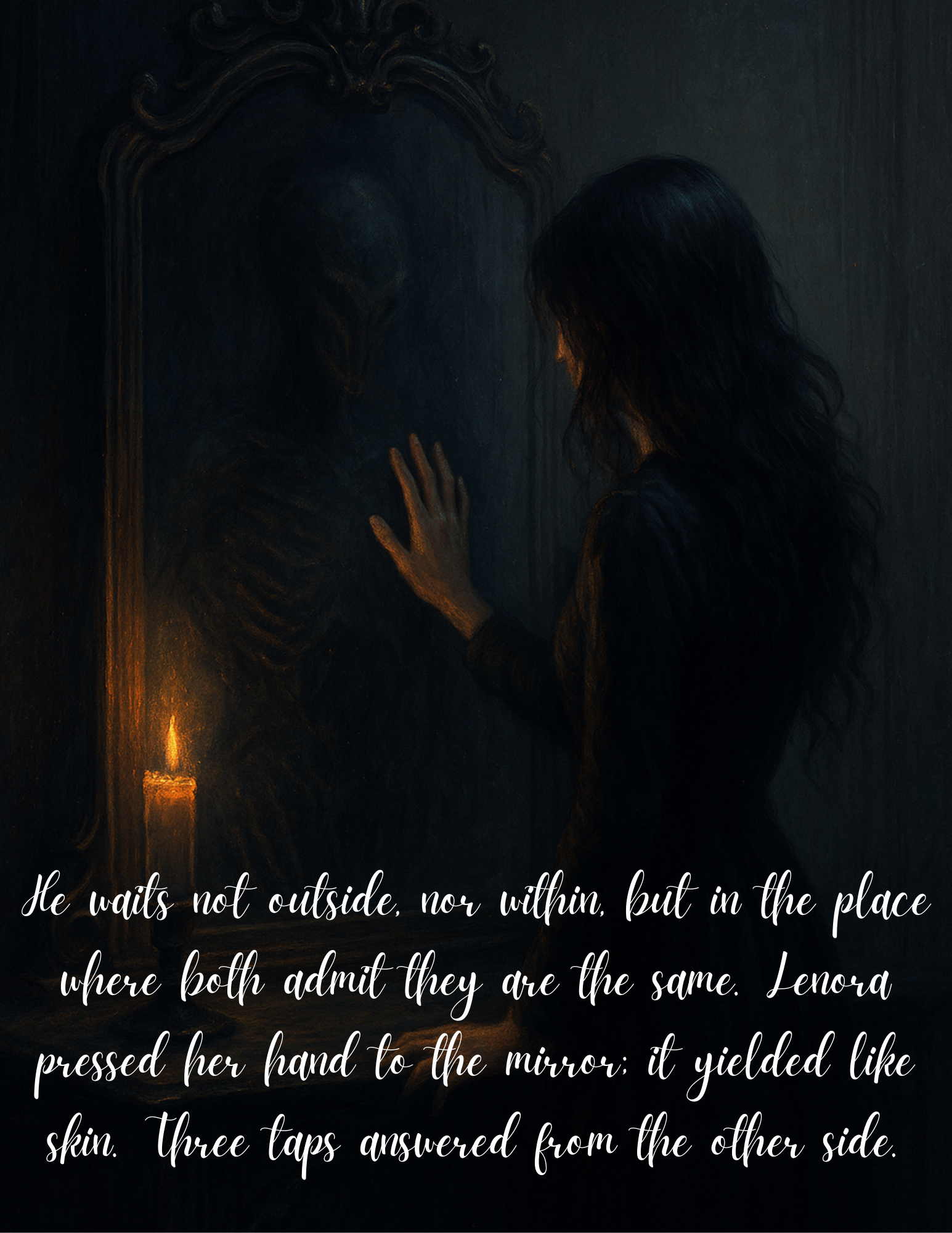 He waits not outside, nor within, but in the place where both admit they are the same. Lenora pressed her hand to the mirror; it yielded like skin. Three taps answered from the other side.