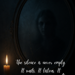 A dimly lit antique mirror cracked with age reflects a faint ghostly face beside a single burning candle, creating an eerie gothic atmosphere.