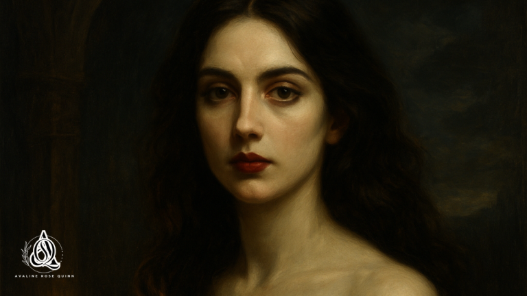 Portrait of Avaline Rose Quinn with gothic atmosphere, announcing the opening of her Hollow and new Beacons store for books and digital downloads.