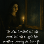 Gothic painting of a woman holding a candle beside a tall mirror, her reflection trembling with an eerie ripple beneath the surface.