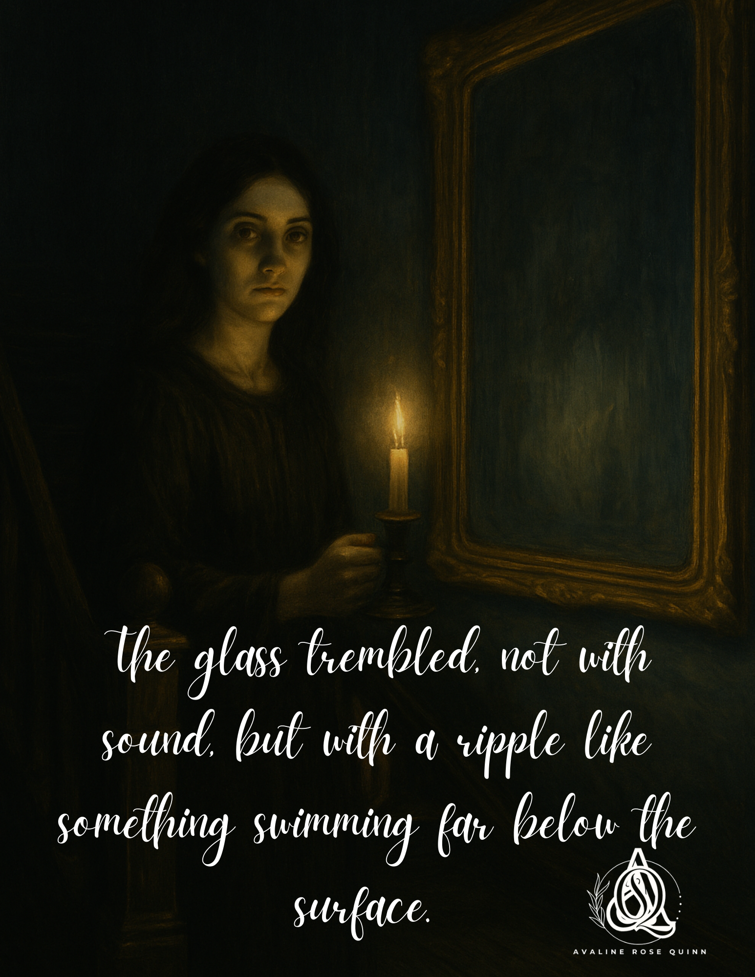 Gothic painting of a woman holding a candle beside a tall mirror, her reflection trembling with an eerie ripple beneath the surface.