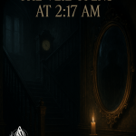 Gothic staircase with a gilt mirror and candle, haunted atmosphere at 2:17 AM