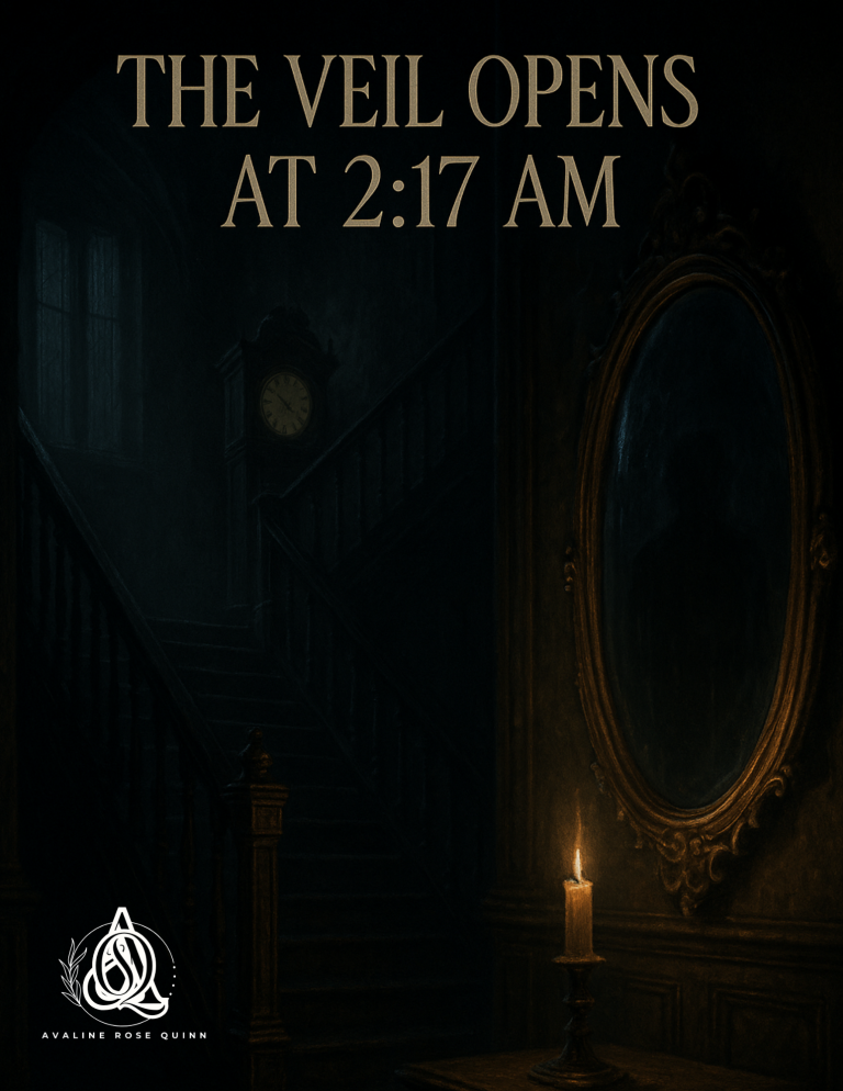 Gothic staircase with a gilt mirror and candle, haunted atmosphere at 2:17 AM